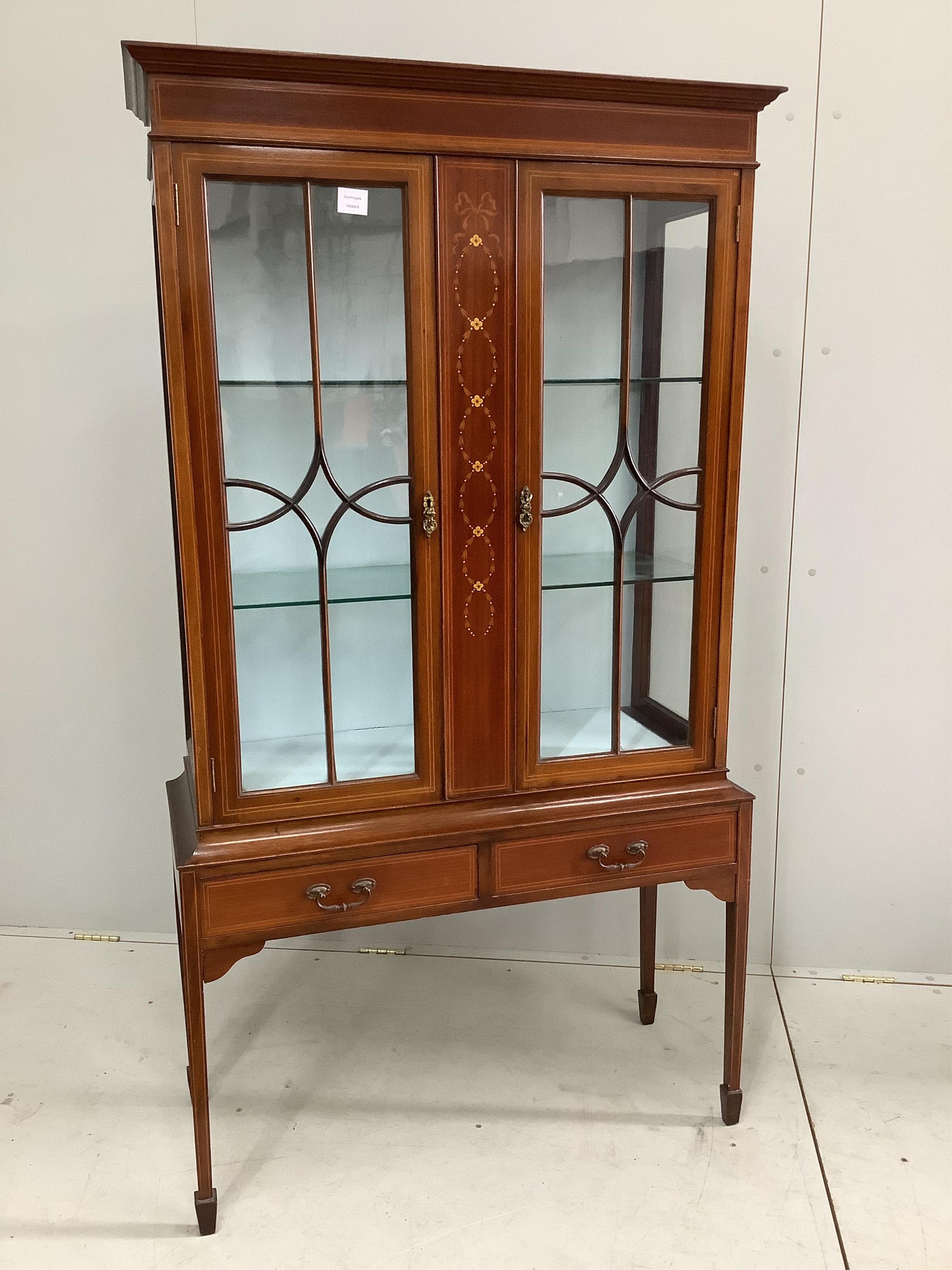 An Edwardian inlaid mahogany display cabinet, width 92cm, depth 38cm, height 169cm